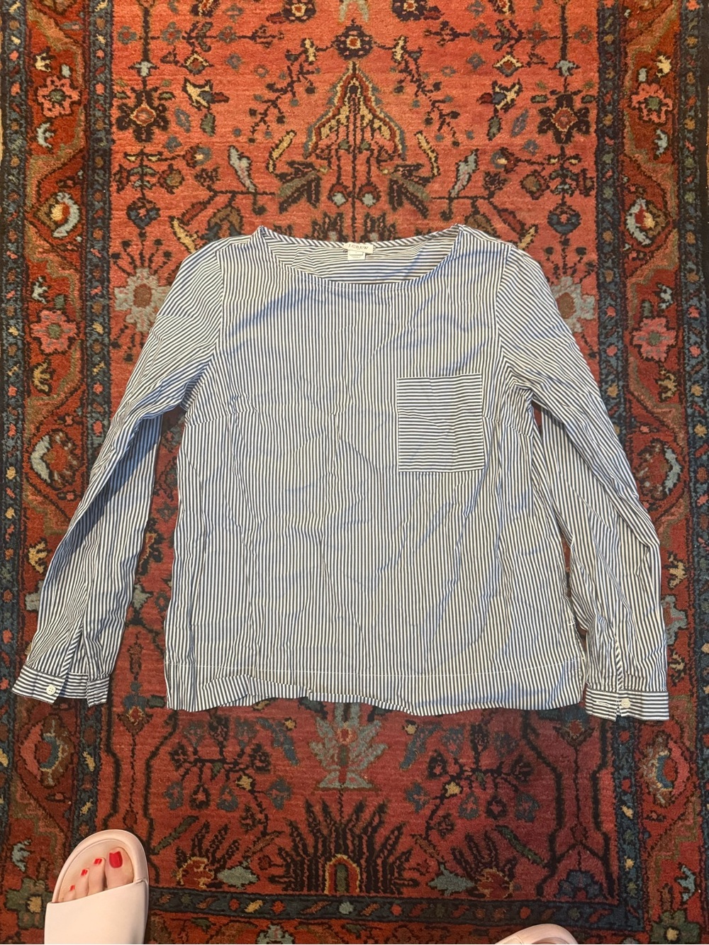 Striped Gray & White Long-Sleeve Boat Neck Pocket
